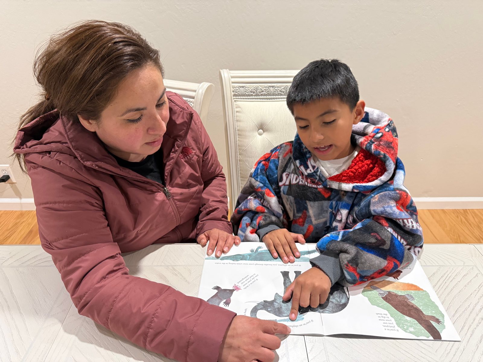A parent and her son reading a picture book together at home